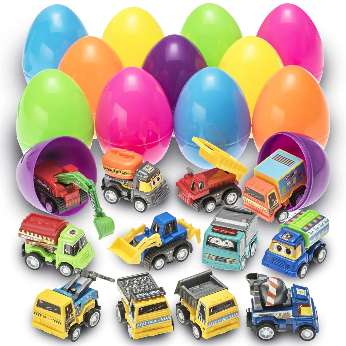 Easter Eggs Filled With Pull-Back Construction Vehicles, Cute Animals, Dinosaurs, Jewelry pieces and Bunnies