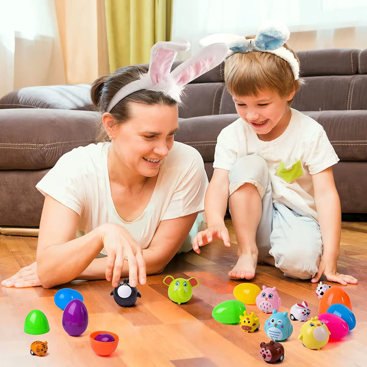 Easter Eggs Filled With Pull-Back Construction Vehicles, Cute Animals, Dinosaurs, Jewelry pieces and Bunnies