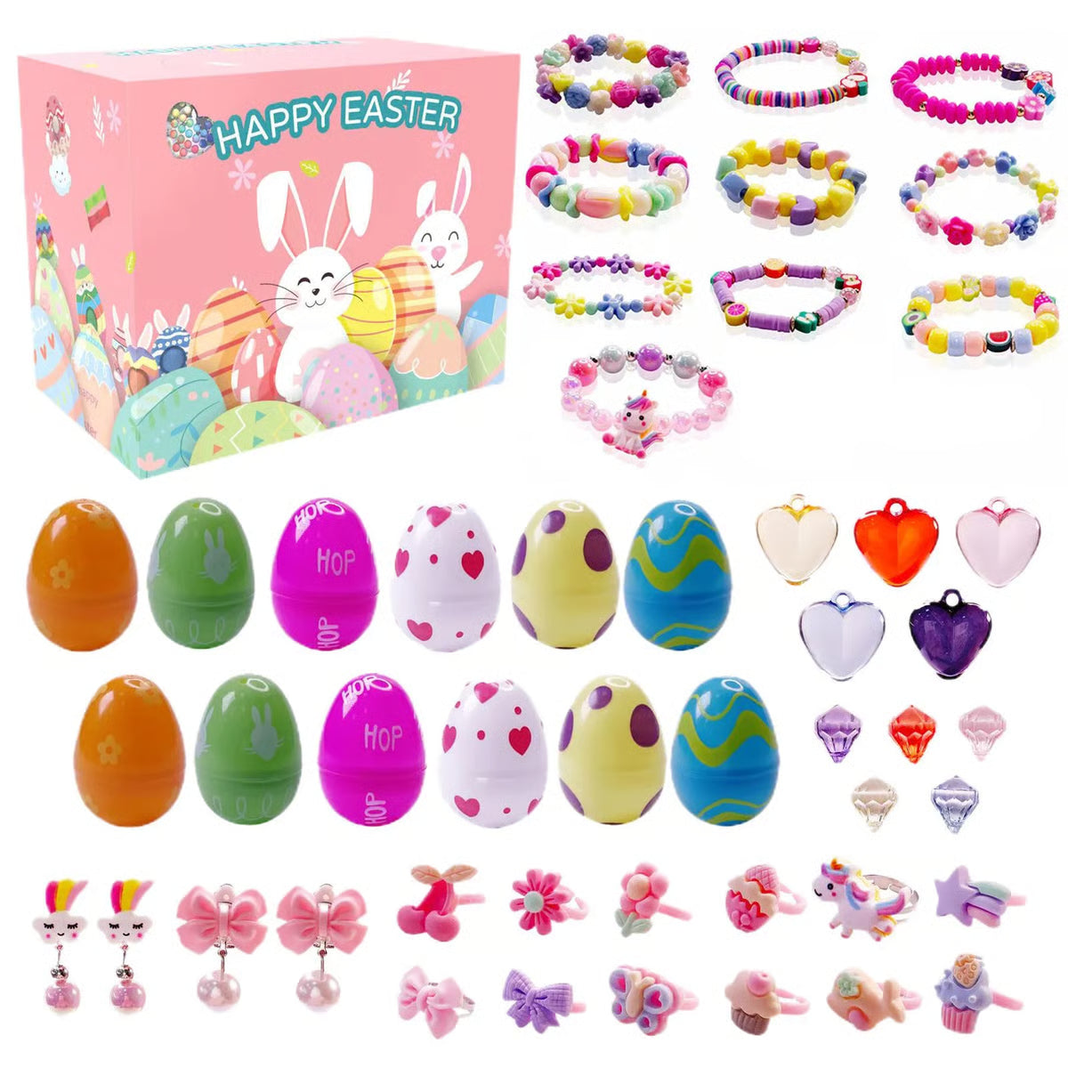 Easter Eggs Filled With Pull-Back Construction Vehicles, Cute Animals, Dinosaurs, Jewelry pieces and Bunnies